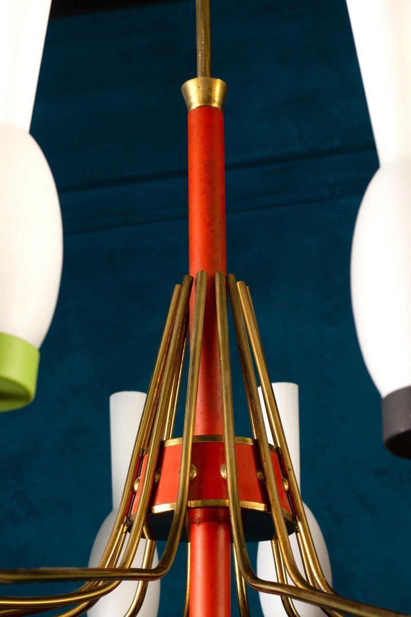 photo for sale Brass And Murano Glass Chandelier From Stilnovo, Italy, 1950s
