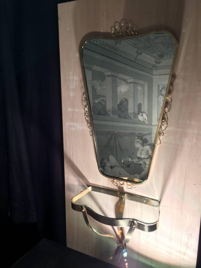photo furniture Brass Mirror With Small Console Table In The Style Of Gio Ponti, 1950s, Set Of 2