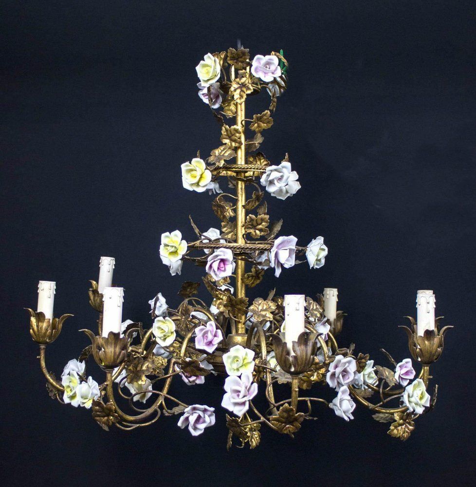 Italian Cage Form Chandelier With Porcelain Flowers photo furniture