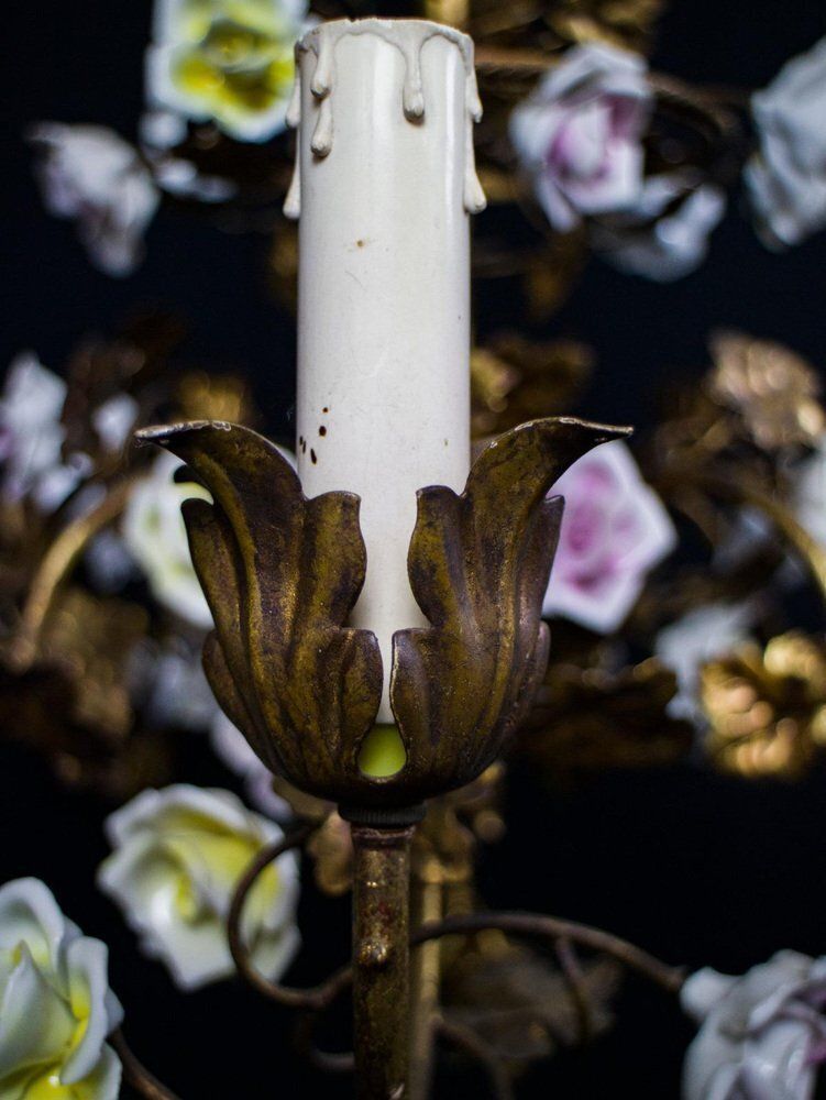 Italian Cage Form Chandelier With Porcelain Flowers photo for sale
