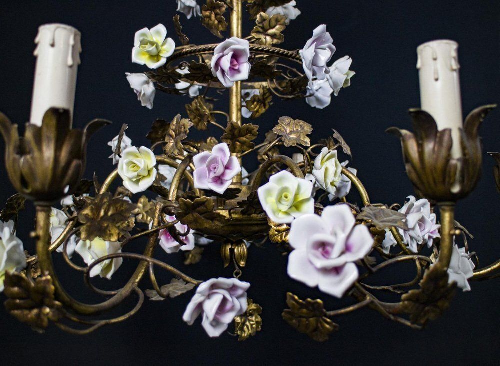 Italian Cage Form Chandelier With Porcelain Flowers photo Lighting