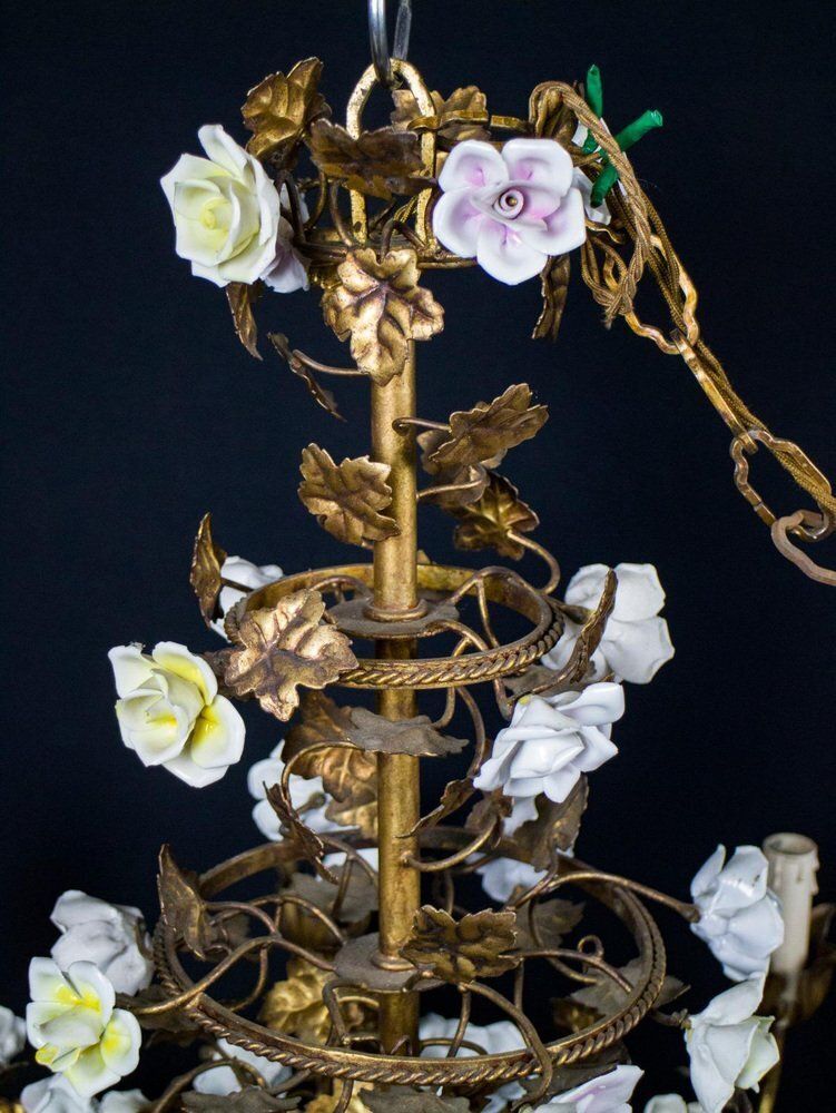Italian Cage Form Chandelier With Porcelain Flowers photo 6860.0