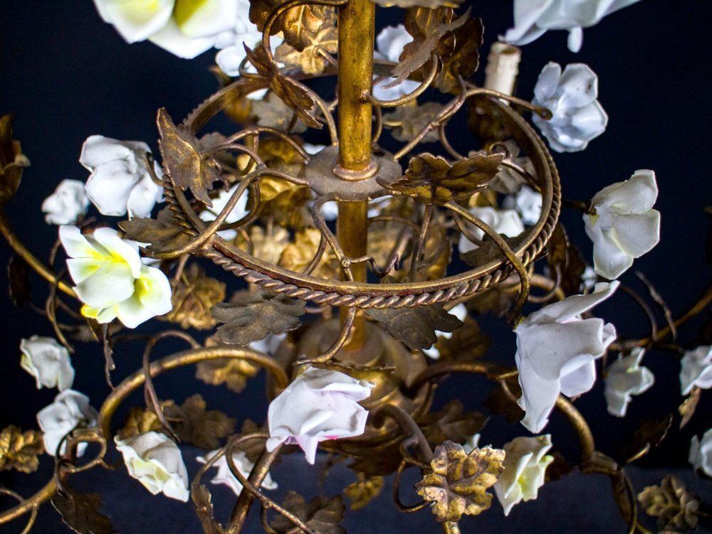 photo for sale Italian Cage Form Chandelier With Porcelain Flowers