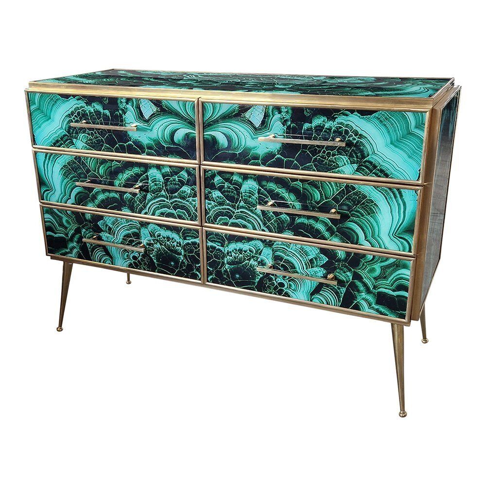 Wooden Dresser In Malachite Glass With Six Drawers, 1980s photo Furniture