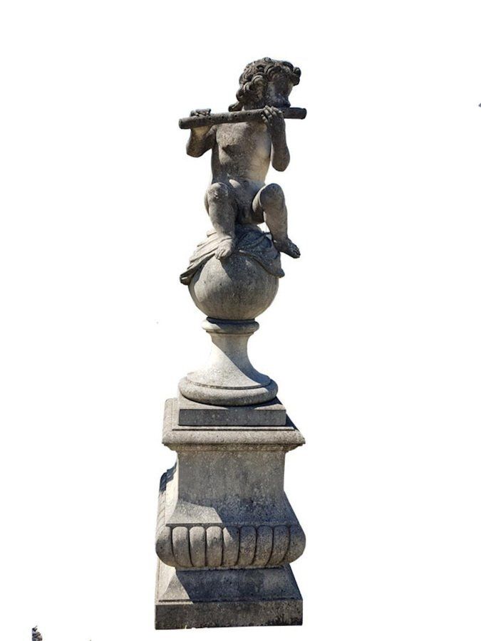 Italian Putto Stone Garden Statues Representing Musicians, Set Of 2 photo vintage