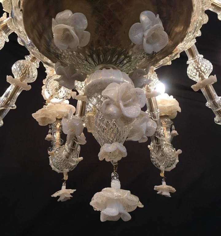 Murano Chandeliers In White & Gold, 1980s, Set Of 2 photo for sale