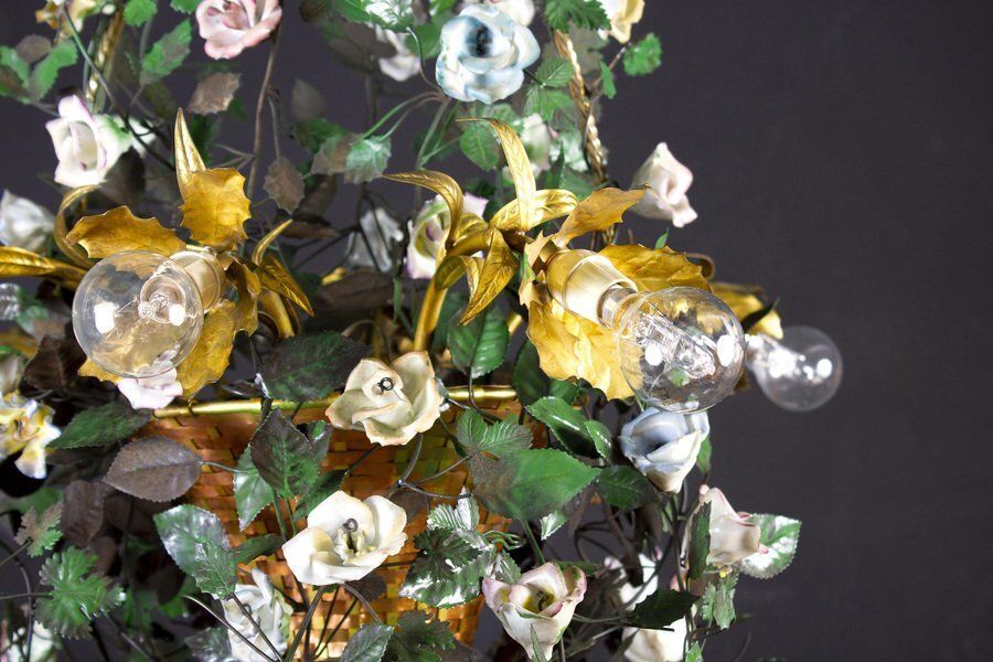Italian Basket Chandelier With Colorful Porcelain Flowers, 1940s photo buy