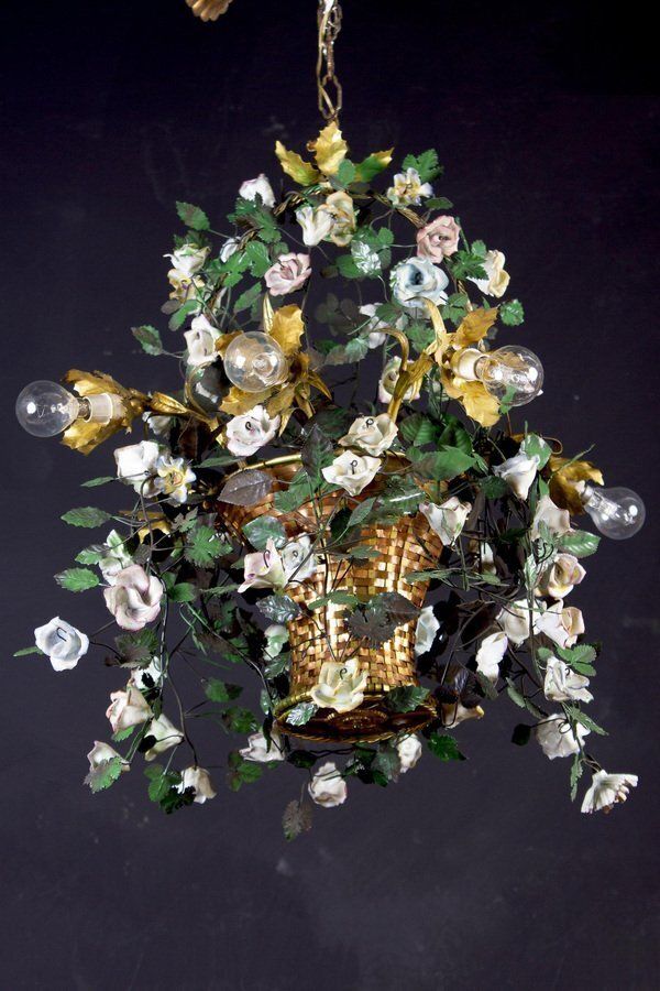 Lighting Italian Basket Chandelier With Colorful Porcelain Flowers, 1940s photo