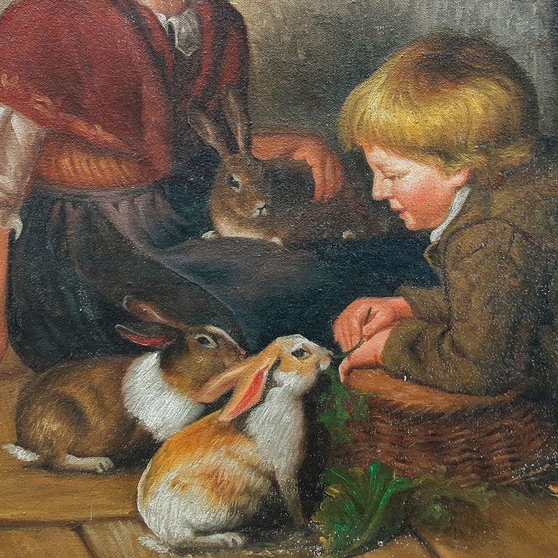 Van Barren, Children And Rabbits, 1871, Oil On Panel, Framed photo 1696.0