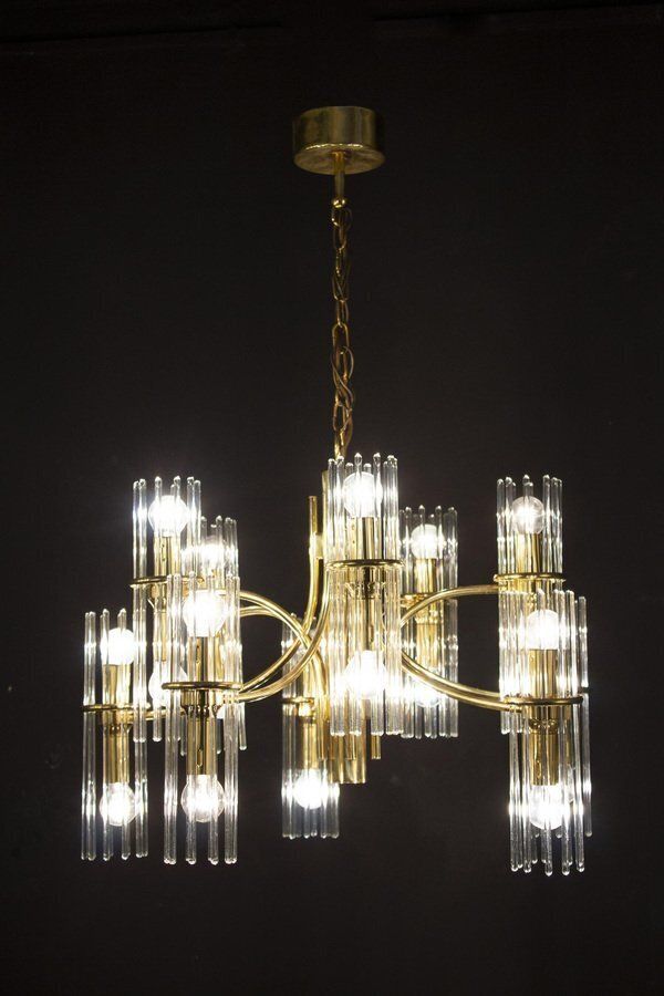 Crystal Rod And Brass Chandelier Or Lantern By Gaetano Sciolari, 1960s photo for sale
