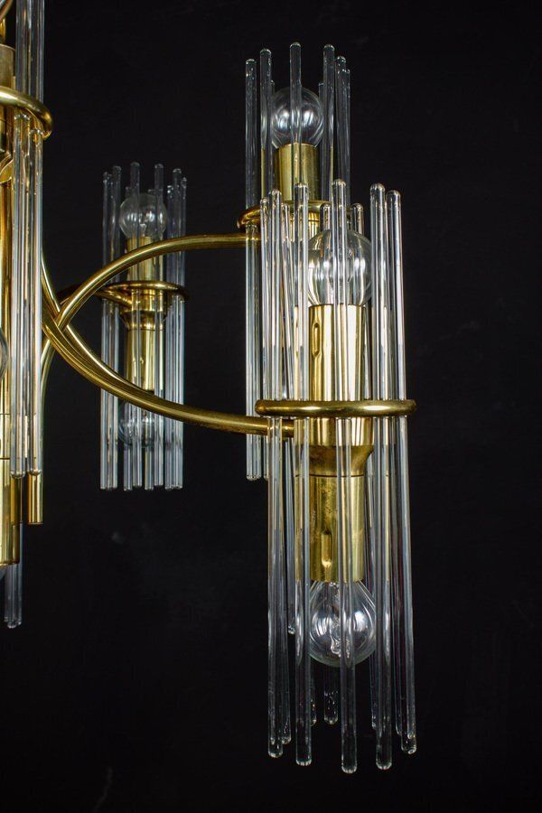 photo for sale Crystal Rod And Brass Chandelier Or Lantern By Gaetano Sciolari, 1960s