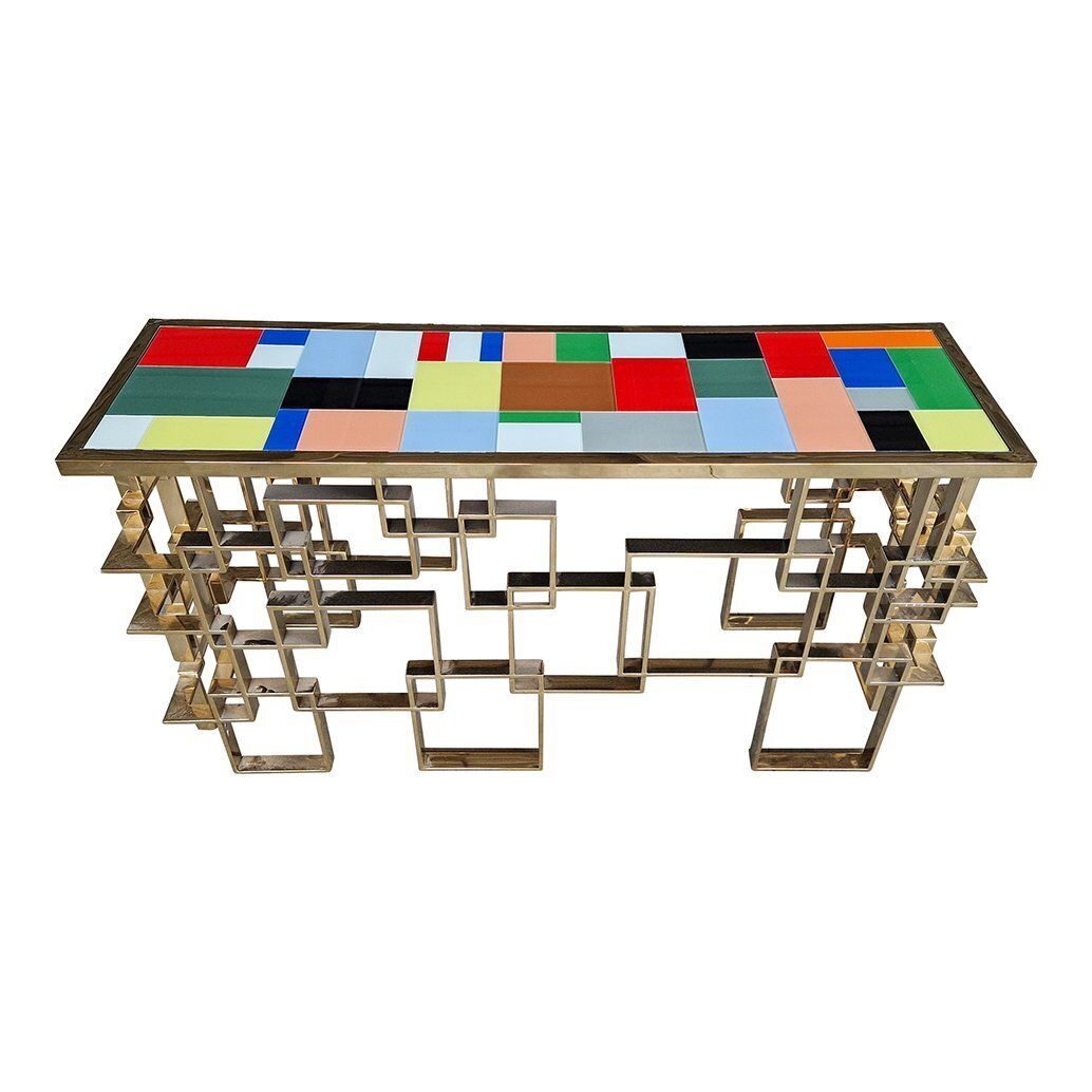 photo furniture Double Sided Console In Chrome Gold Steel And Multicolored Murano Glass Top, 1980s