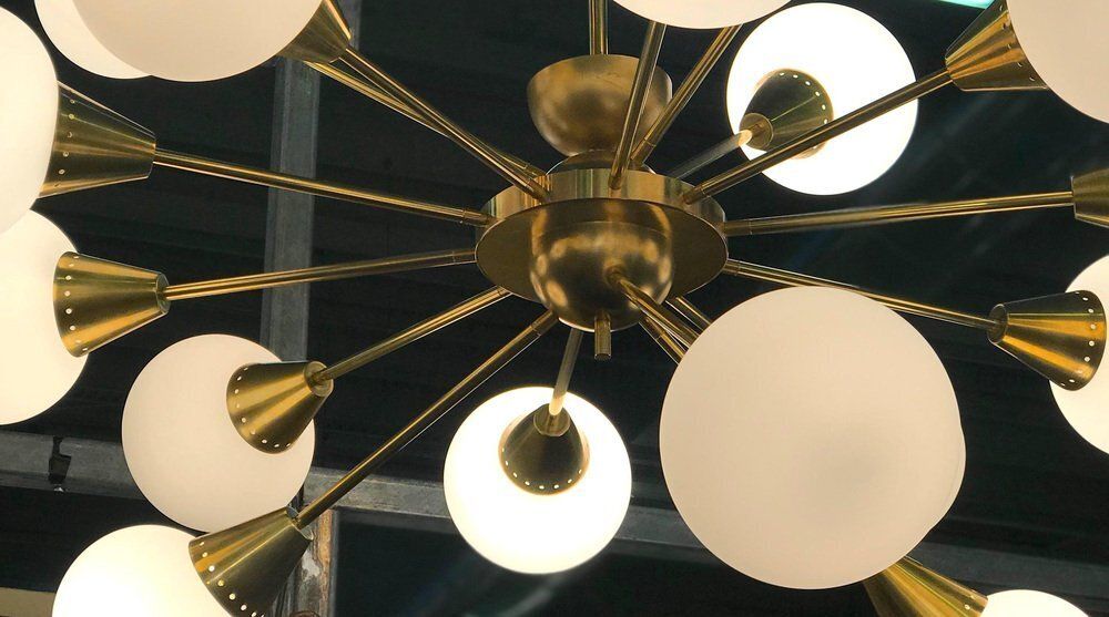 Large Mid Century Brass & Opaline Murano Glass Sputnik Chandelier, 1960s photo buy