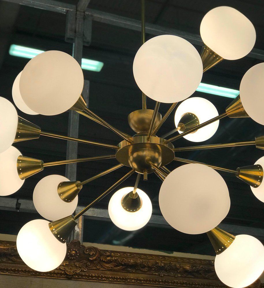 photo furniture Large Mid Century Brass & Opaline Murano Glass Sputnik Chandelier, 1960s