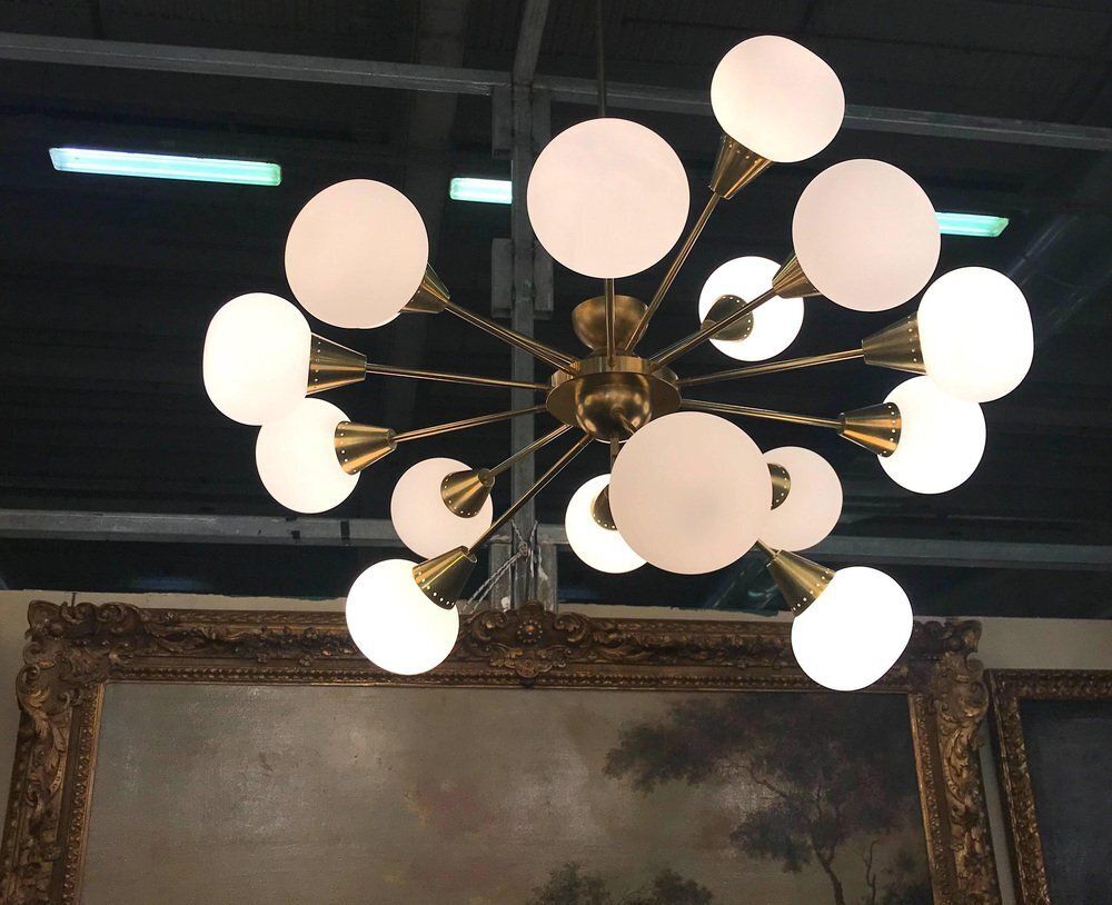 photo for sale Large Mid Century Brass & Opaline Murano Glass Sputnik Chandelier, 1960s