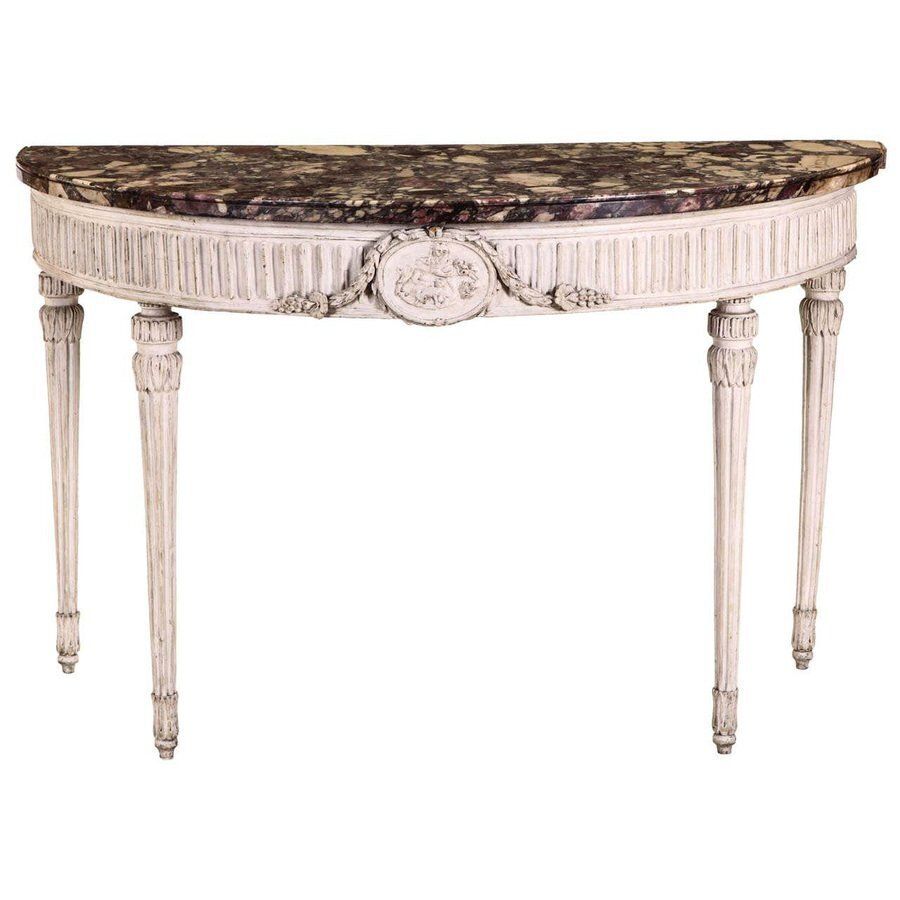 18th Century Italian Louis XVI Ivory Painted Demilune Console Table