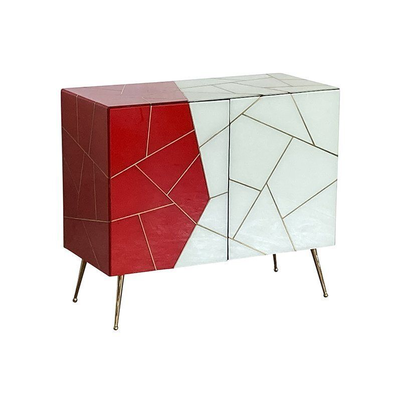 Dresser With Two Wooden Doors In Red And White Glass, 1980s