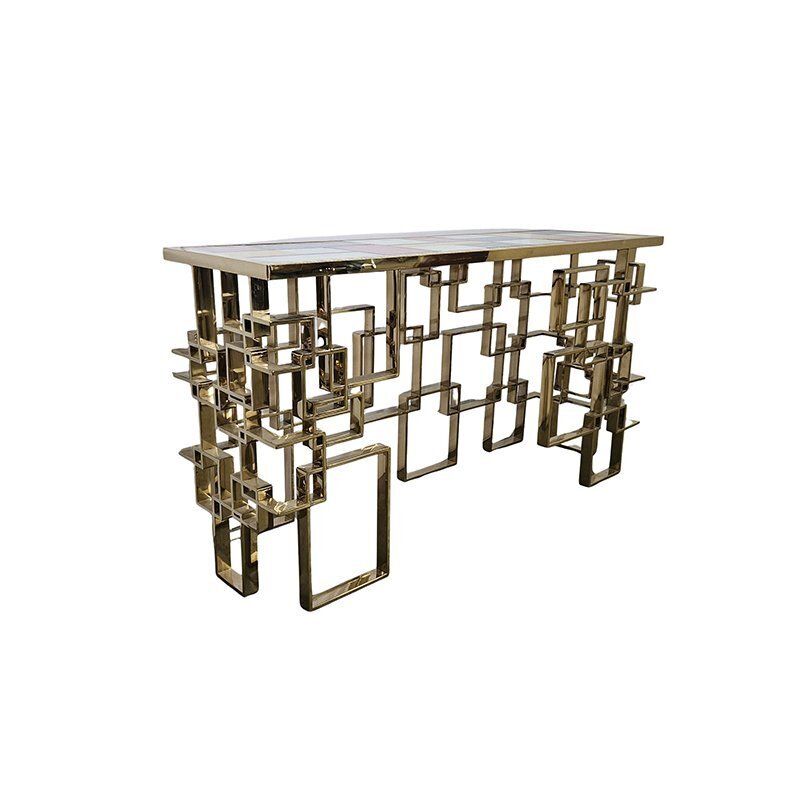 Double Sided Console Tavle In Chrome Gold Steel And Multicolored Murano Glass Top, 1980s photo for sale