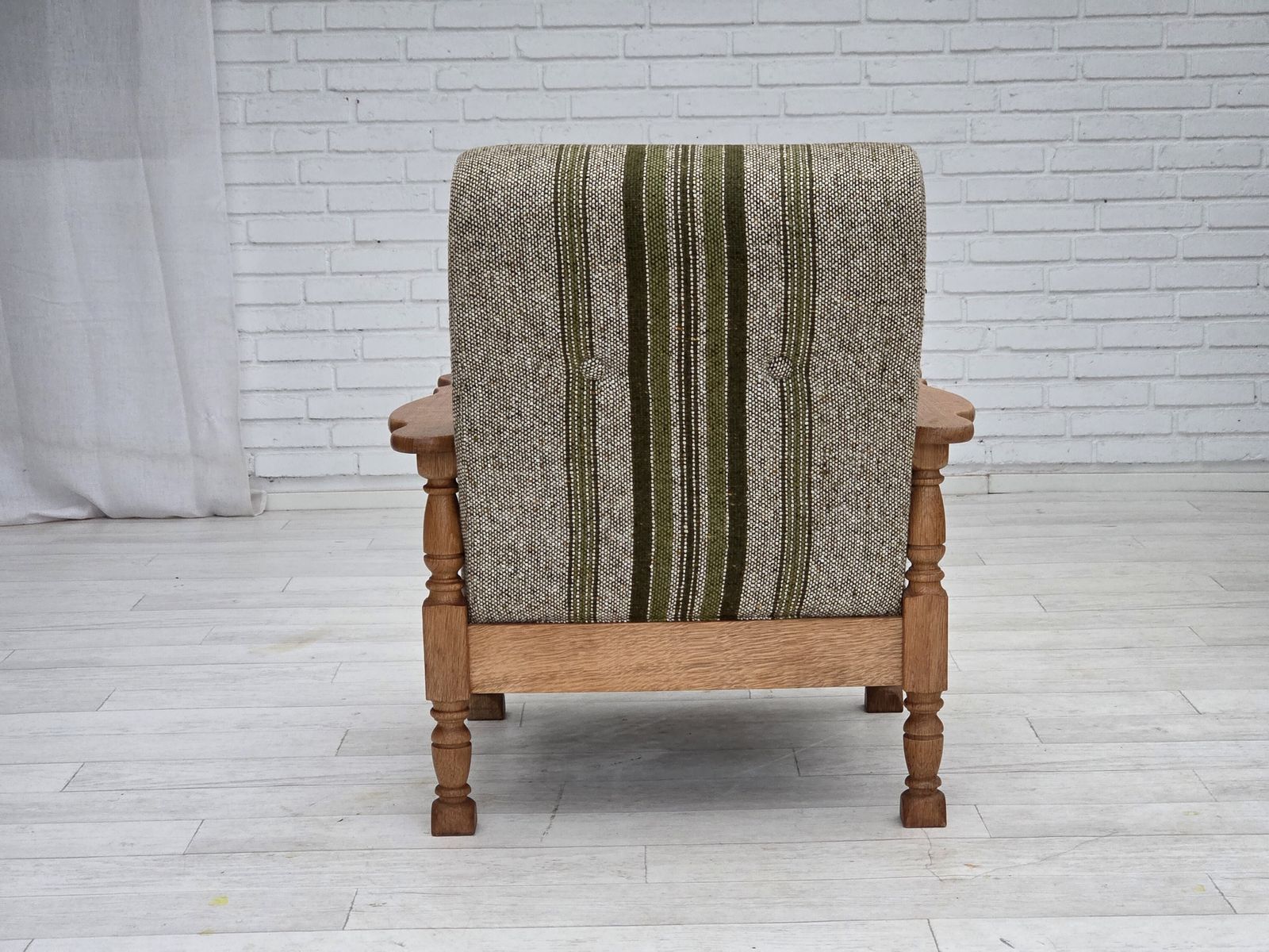 photo furniture 1970s, Danish Armchair, Original Furniture Wool Fabric, Solid Oak Wood.