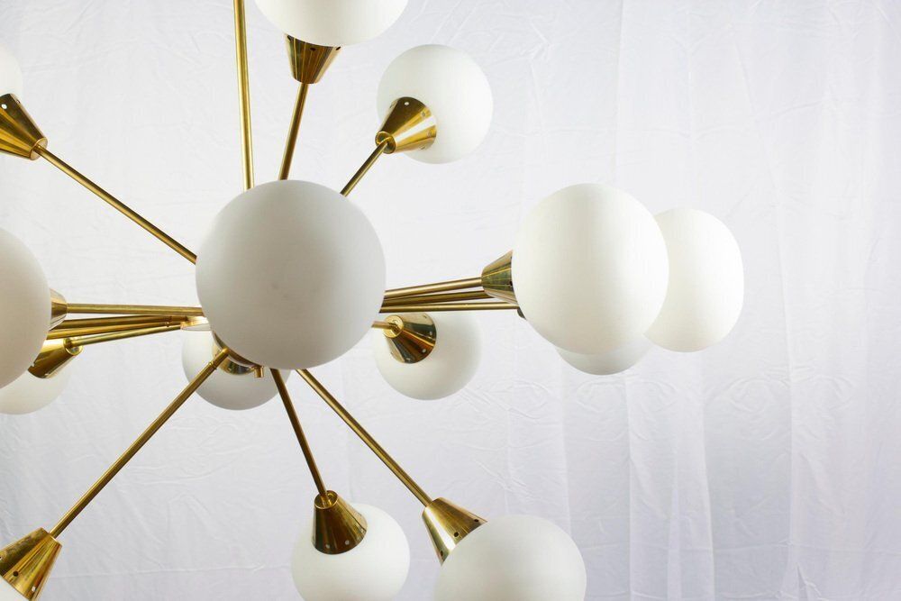 Large Sputnik Chandelier In Brass And Opaline Murano Glass, Italy, 1970s photo furniture