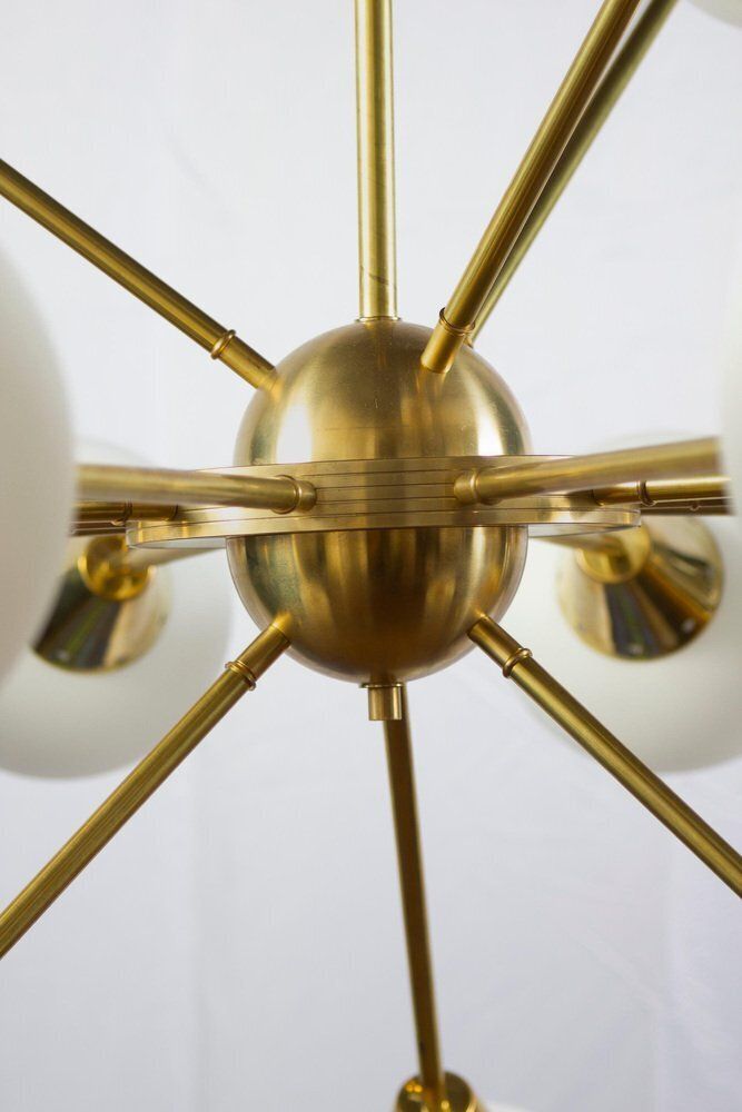 Large Sputnik Chandelier In Brass And Opaline Murano Glass, Italy, 1970s photo Lighting