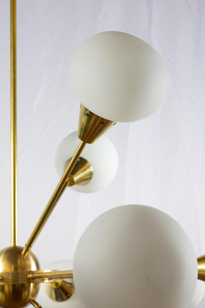 Large Sputnik Chandelier In Brass And Opaline Murano Glass, Italy, 1970s photo 7427.0