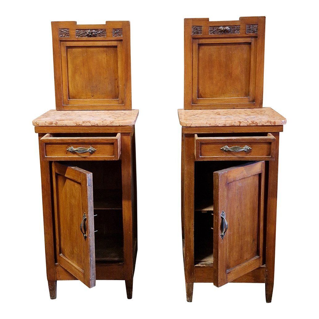 Tall Wooden Bedside Tables With Marble Top, 1970s, Set Of 2 photo for sale