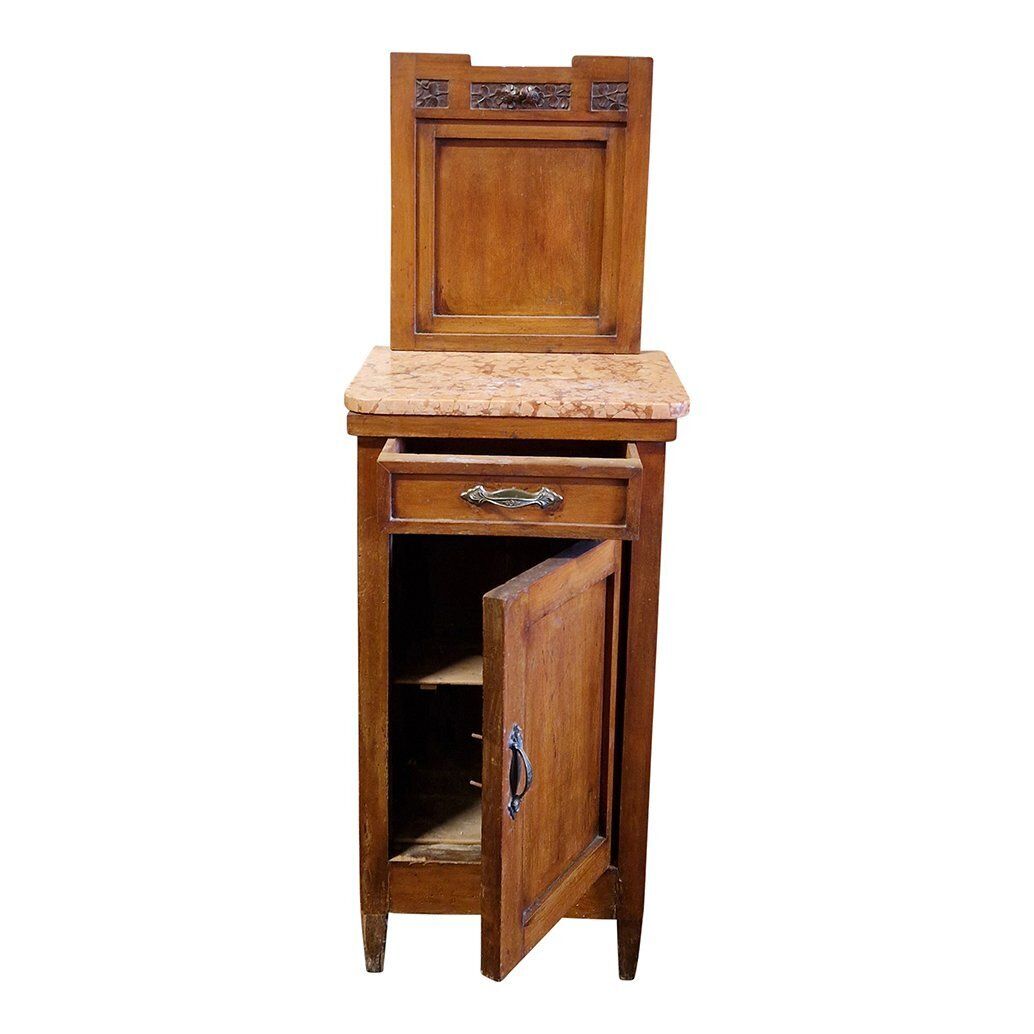 Furniture Tall Wooden Bedside Tables With Marble Top, 1970s, Set Of 2 photo