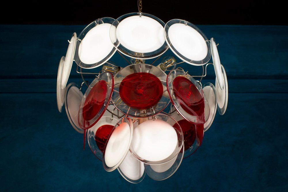 White And Red Murano Glass Disc Chandelier By Vistosi, 1970s photo for sale