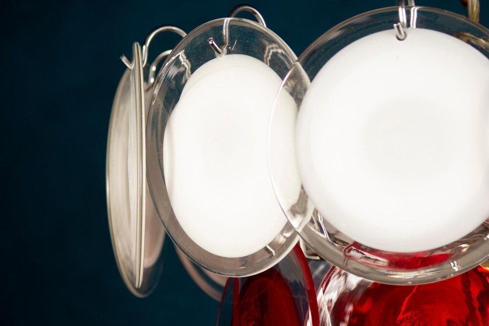 photo furniture White And Red Murano Glass Disc Chandelier By Vistosi, 1970s