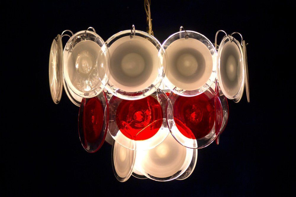 2873.0 White And Red Murano Glass Disc Chandelier By Vistosi, 1970s photo