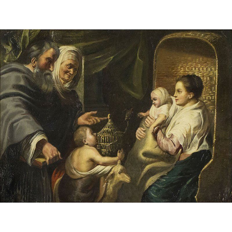 Jacob Jordaens, Madonna With Child, Anna, Joachim And Infant Saint John, 1800s, Oil Painting On Copper, Framed photo furniture