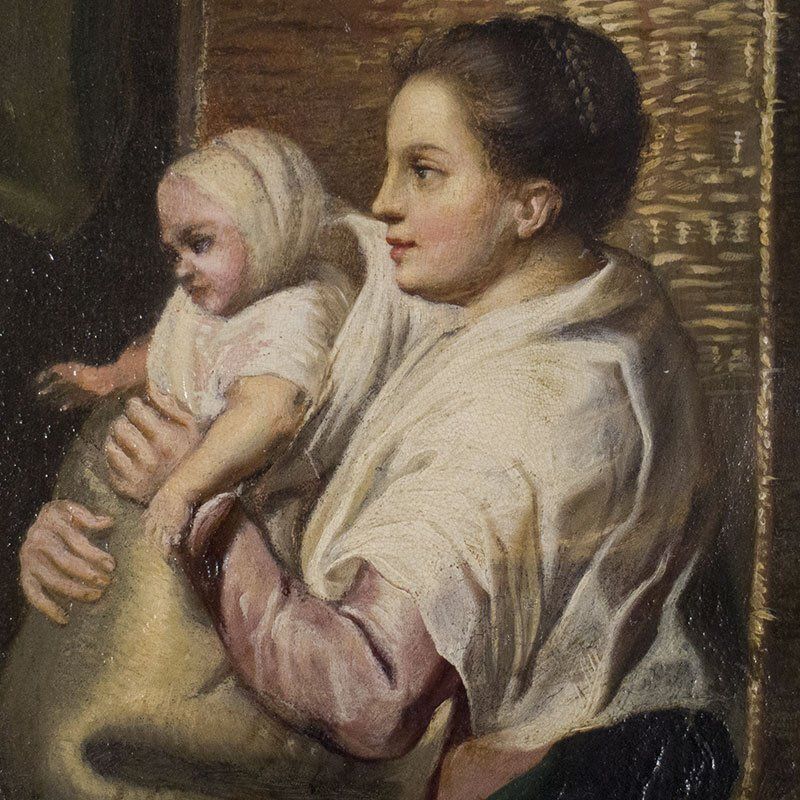 Jacob Jordaens, Madonna With Child, Anna, Joachim And Infant Saint John, 1800s, Oil Painting On Copper, Framed photo Art