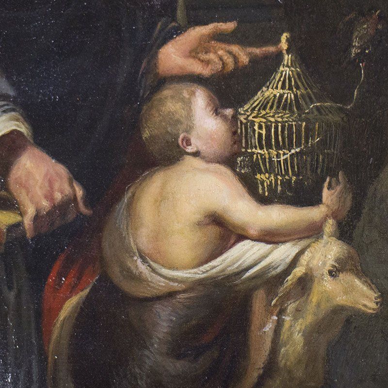Jacob Jordaens, Madonna With Child, Anna, Joachim And Infant Saint John, 1800s, Oil Painting On Copper, Framed photo 4919.0