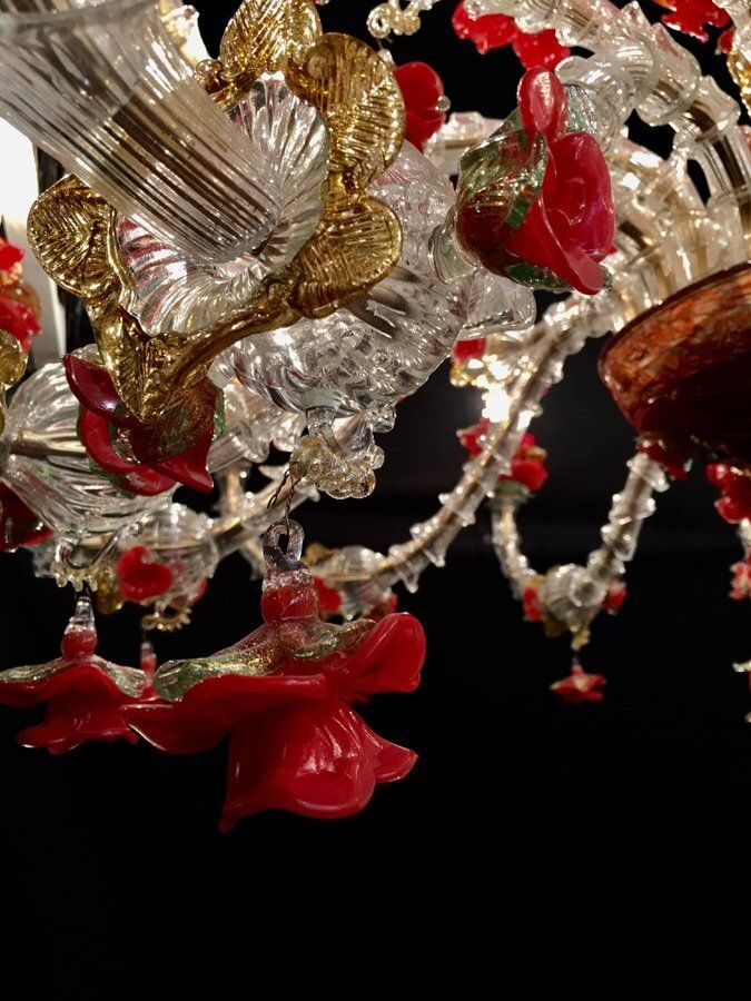 Red And Gold Murano Glass Chandelier, 1980s photo furniture