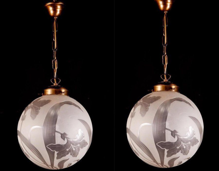 Liberty Engraved Glass Sphere Chandelier Or Lantern, Italy, 1940 photo vintage