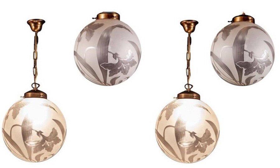 photo for sale Liberty Engraved Glass Sphere Chandelier Or Lantern, Italy, 1940