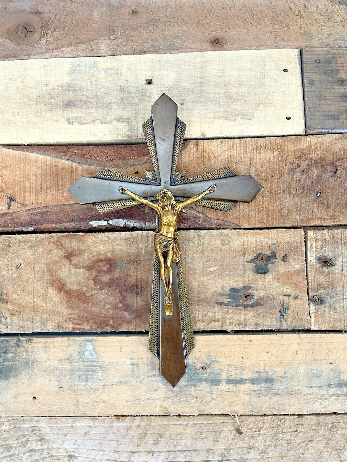 photo for sale Antique Art Deco French Brass Bronzed Wall Hanging Crucifix Church Cross Jesus