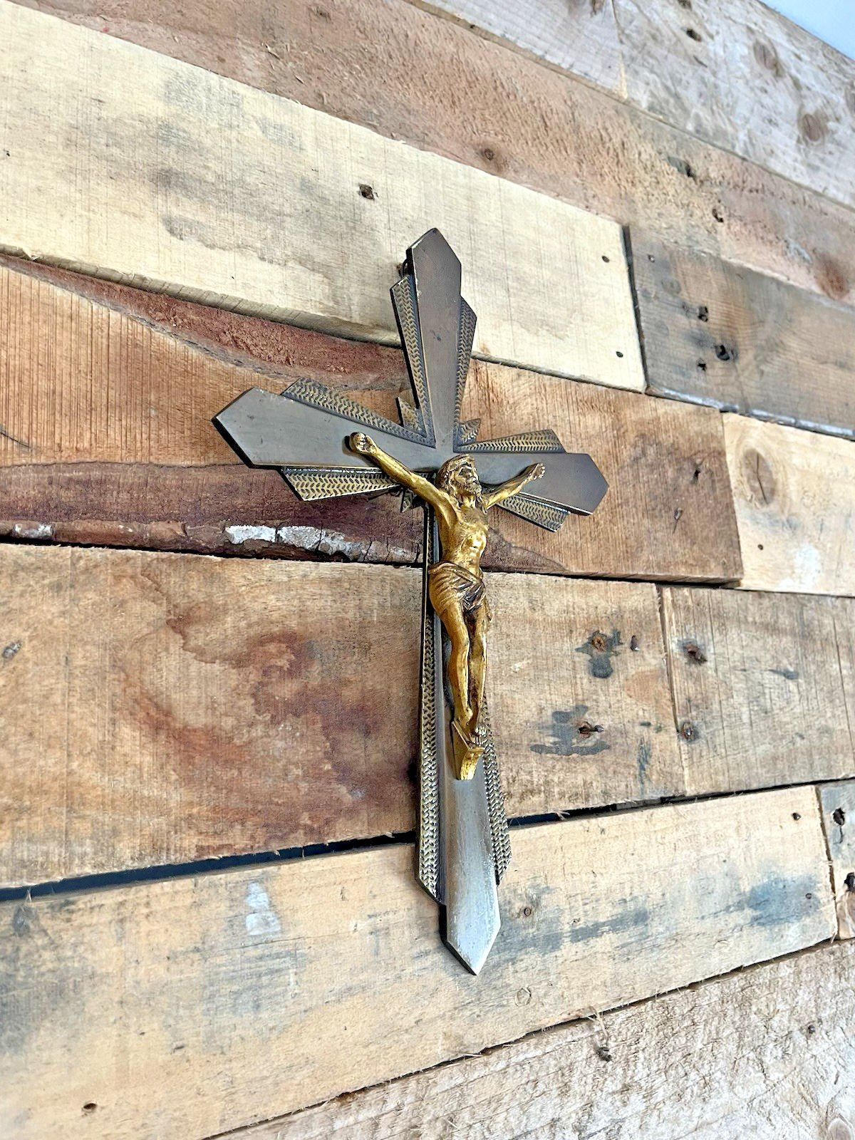 Art Antique Art Deco French Brass Bronzed Wall Hanging Crucifix Church Cross Jesus photo
