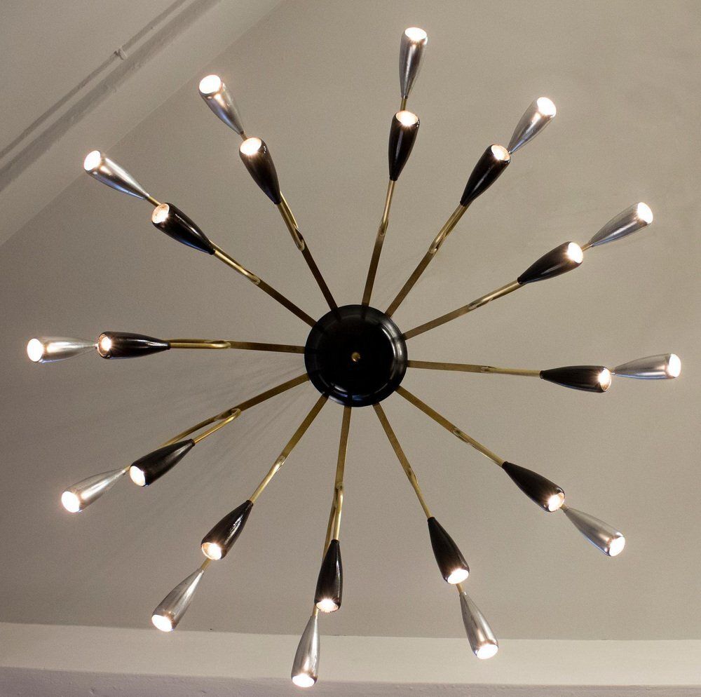 photo for sale Mid Century Brass And Murano Glass Chandelier In The Style Of Stilnovo, 1950s