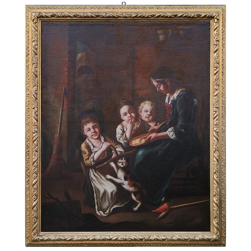 Giacomo Francesco Cipper Known As Il Todeschini, Family Scene, 1600s 1700s, Oil On Canvas, Framed