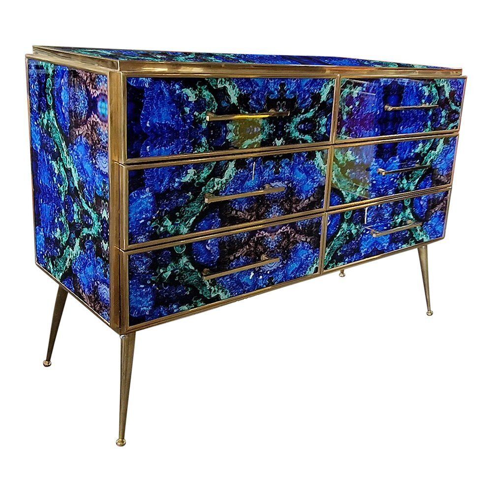 Wooden Dresser In Lapis Lazuli Glass With Six Drawers, 1980s photo 4586.0