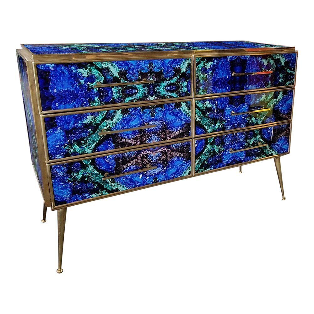 Wooden Dresser In Lapis Lazuli Glass With Six Drawers, 1980s photo vintage