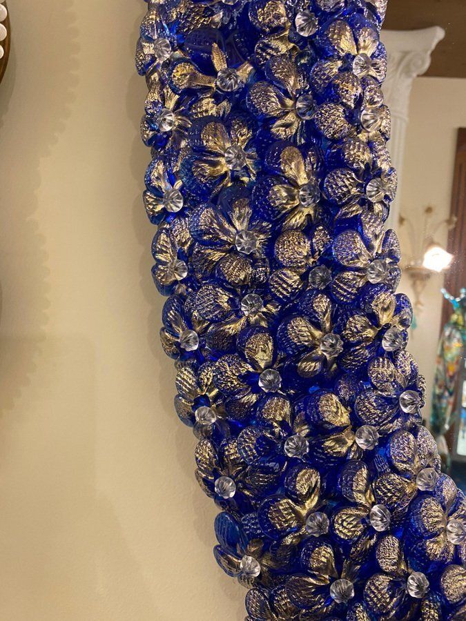Blue Murano Glass Flower Oval Shaped Mirrors, Set Of 2 photo vinterior