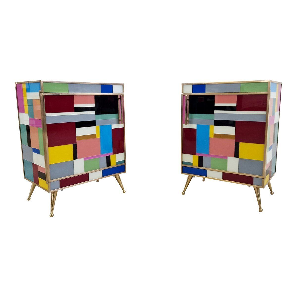 Bedside Cabinets In Wood And Multicolored Glass, 1980s, Set Of 2 photo for sale