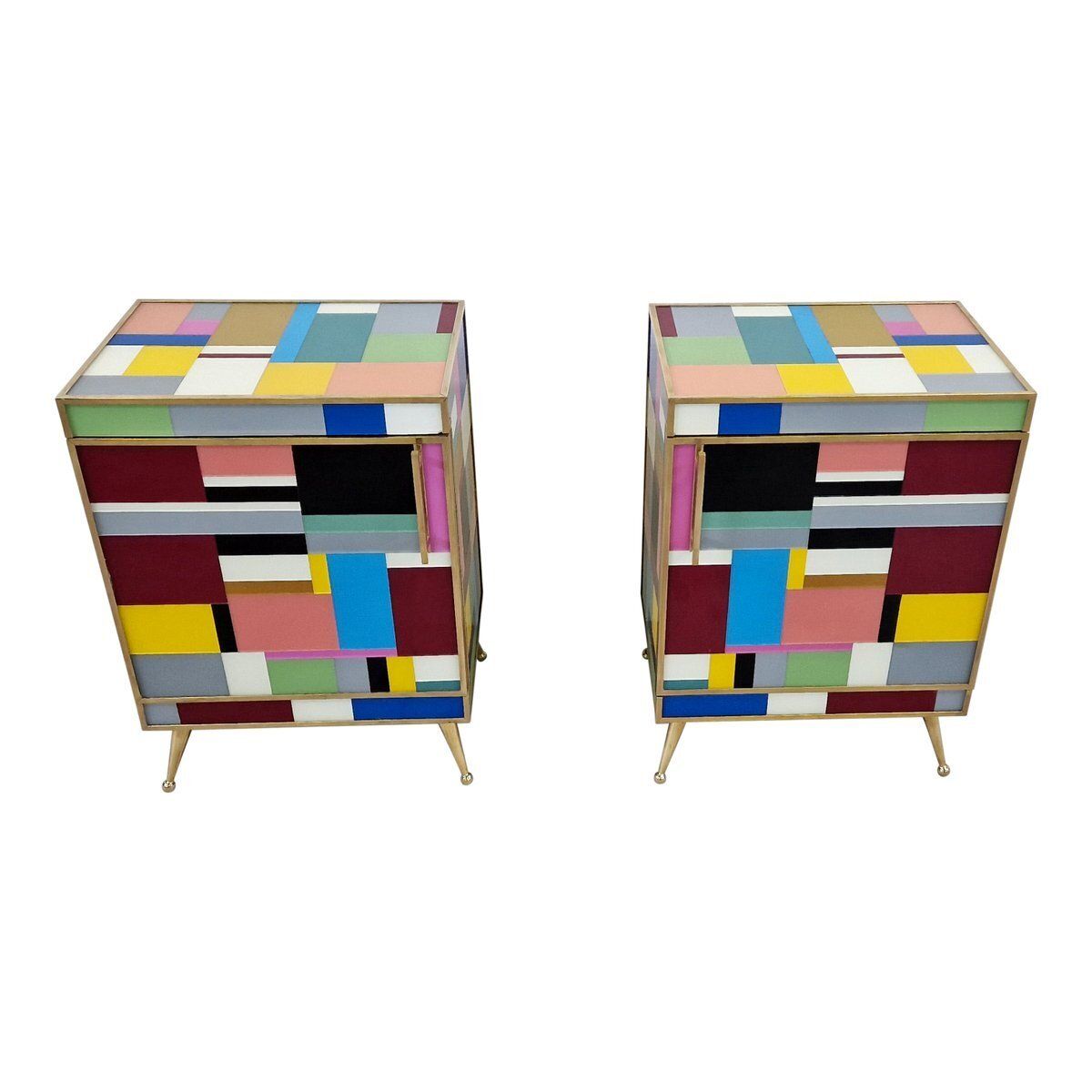 Bedside Cabinets In Wood And Multicolored Glass, 1980s, Set Of 2 photo Furniture