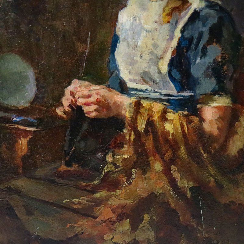 Lionello Balestrieri, Girl That Sews, 1920s, Oil On Panel, Framed photo vinterior