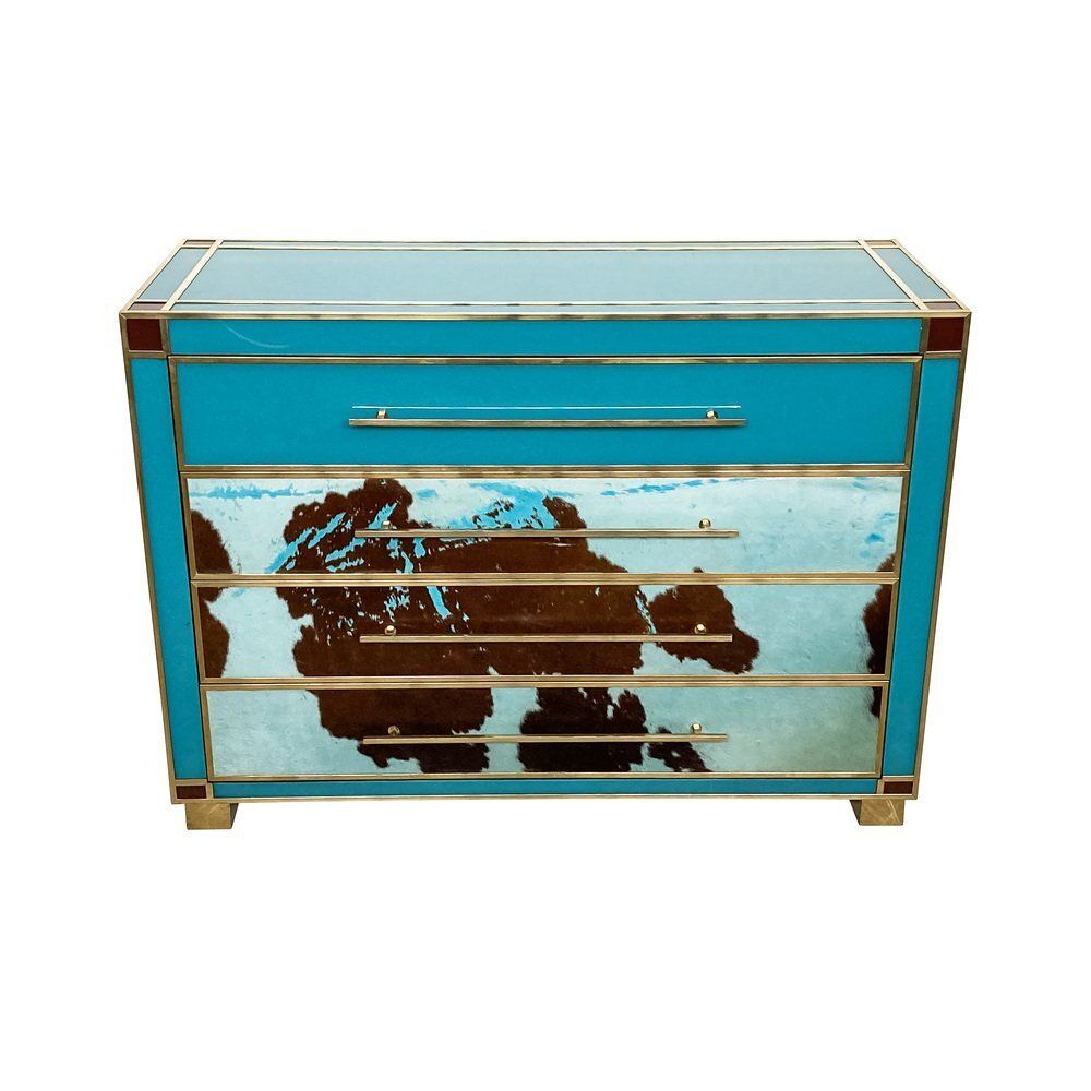 Dresser In Blue Murano Glass And Cow Leather, 1980s