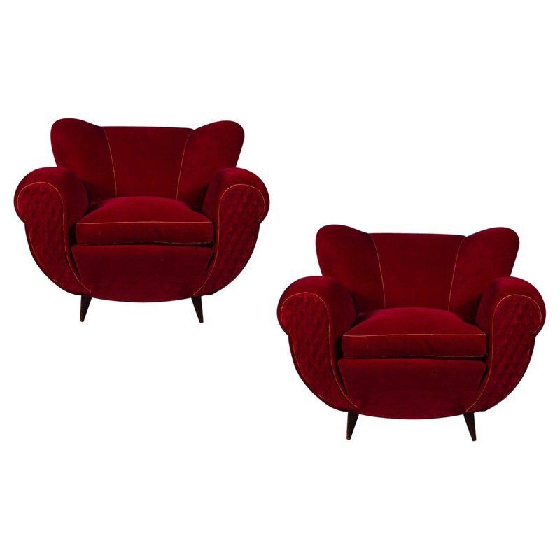 Set Of Mid Century Red Velvet Lounge Chairs, 1940s