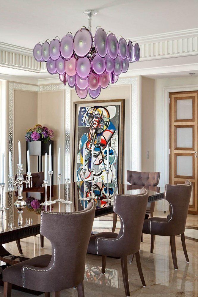 photo furniture Modern Amethyst Color Disc Murano Glass Chandelier, 1970s, Set Of 2